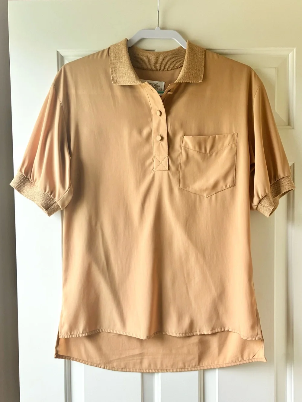Vintage 80s Lilli Ann Collections Knit Collar Polo Blouse Top Tan Camel Size M
